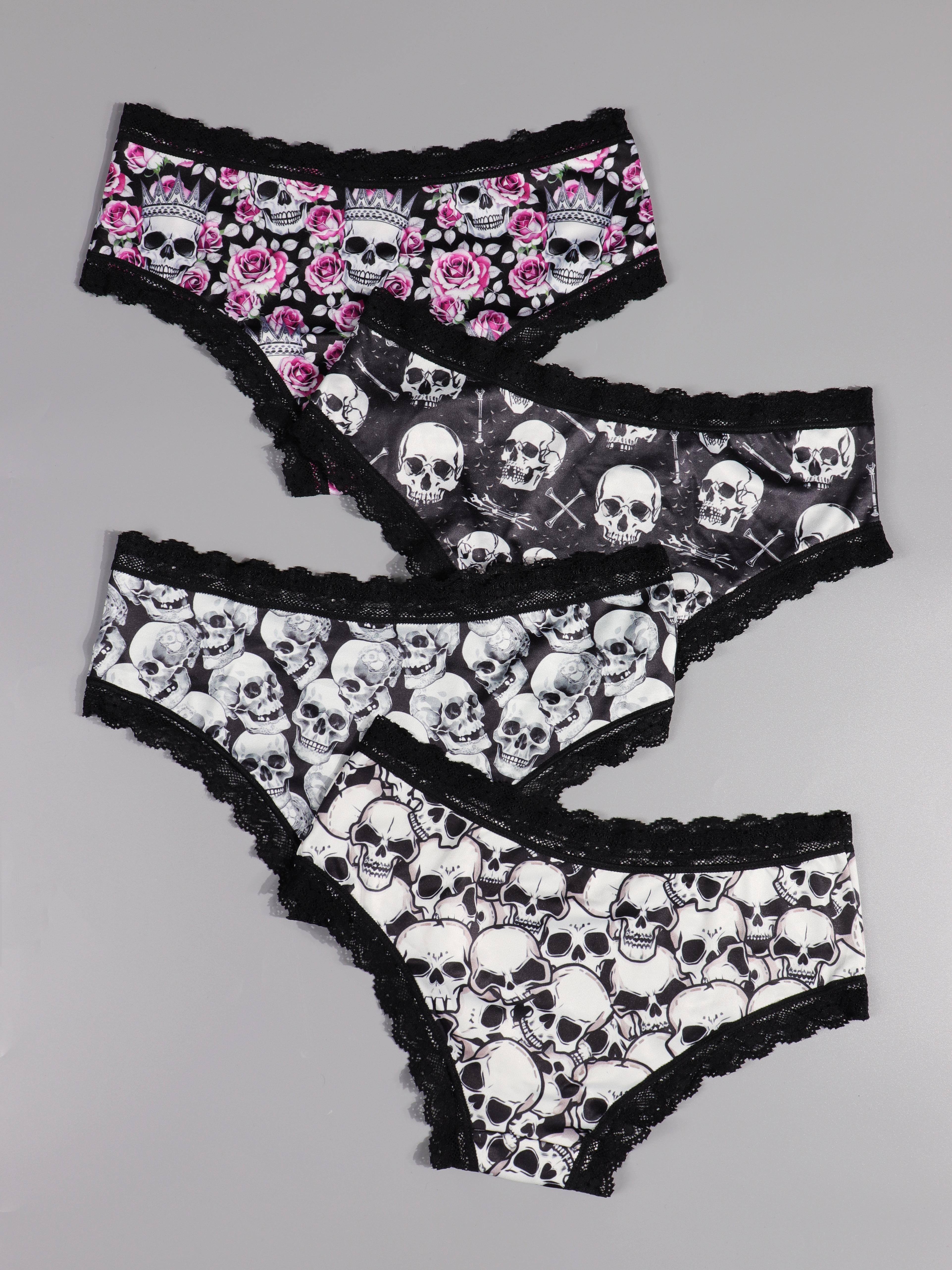 4pcs Gothic Skull Print Lace Trim Low Waist Briefs, Soft & Comfy Stretchy Panties, Women's Lingerie & Underwear