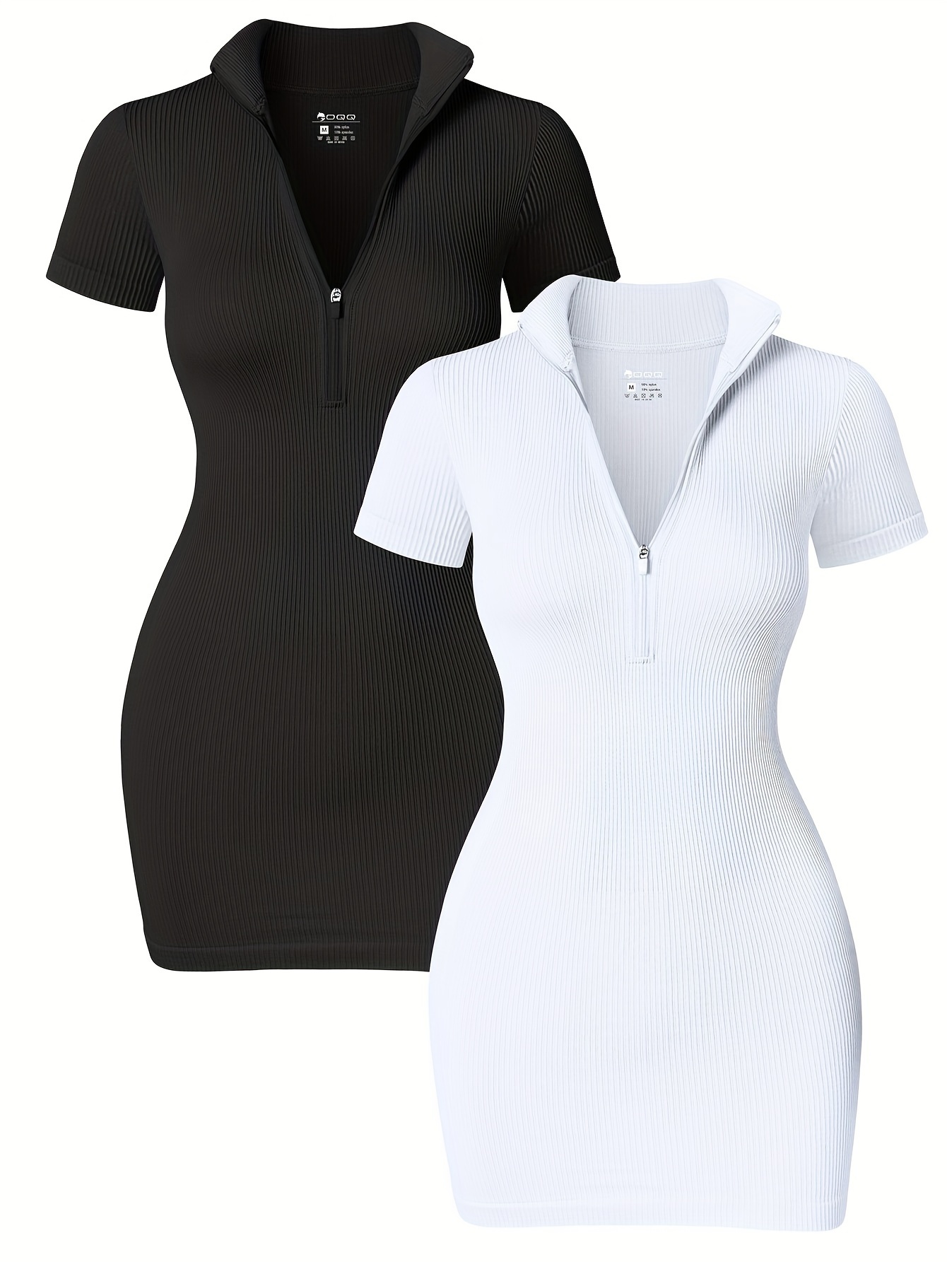 2-Pack Women's Ribbed Knit Mini Dress With Zipper, Short Sleeve Bodycon Dress, Solid Color Casual Summer Wear