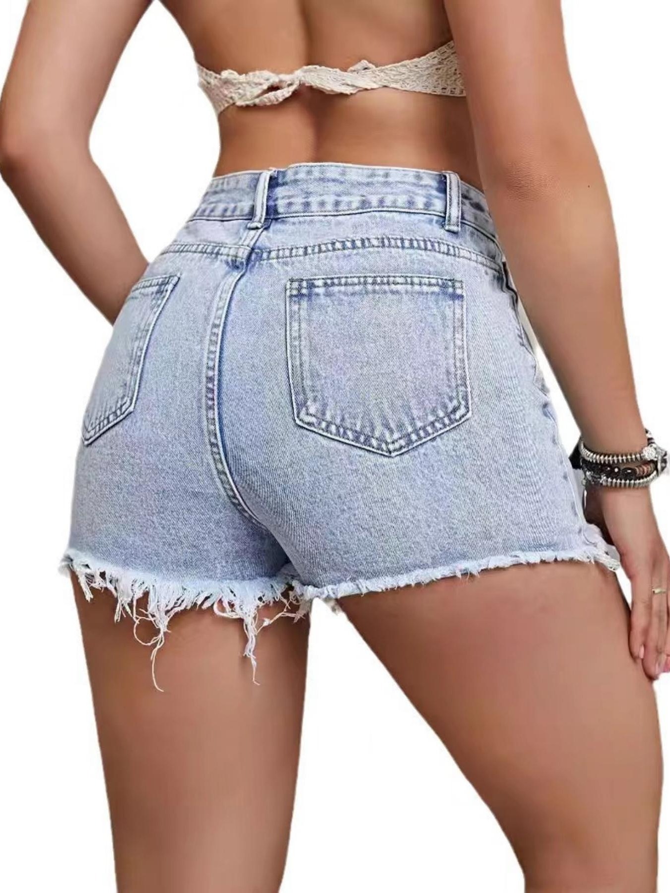 Women's Fashion Casual Ripped Denim Shorts, Ripped Hot Pants, High-Waisted, High-Waisted, Thin Jeans