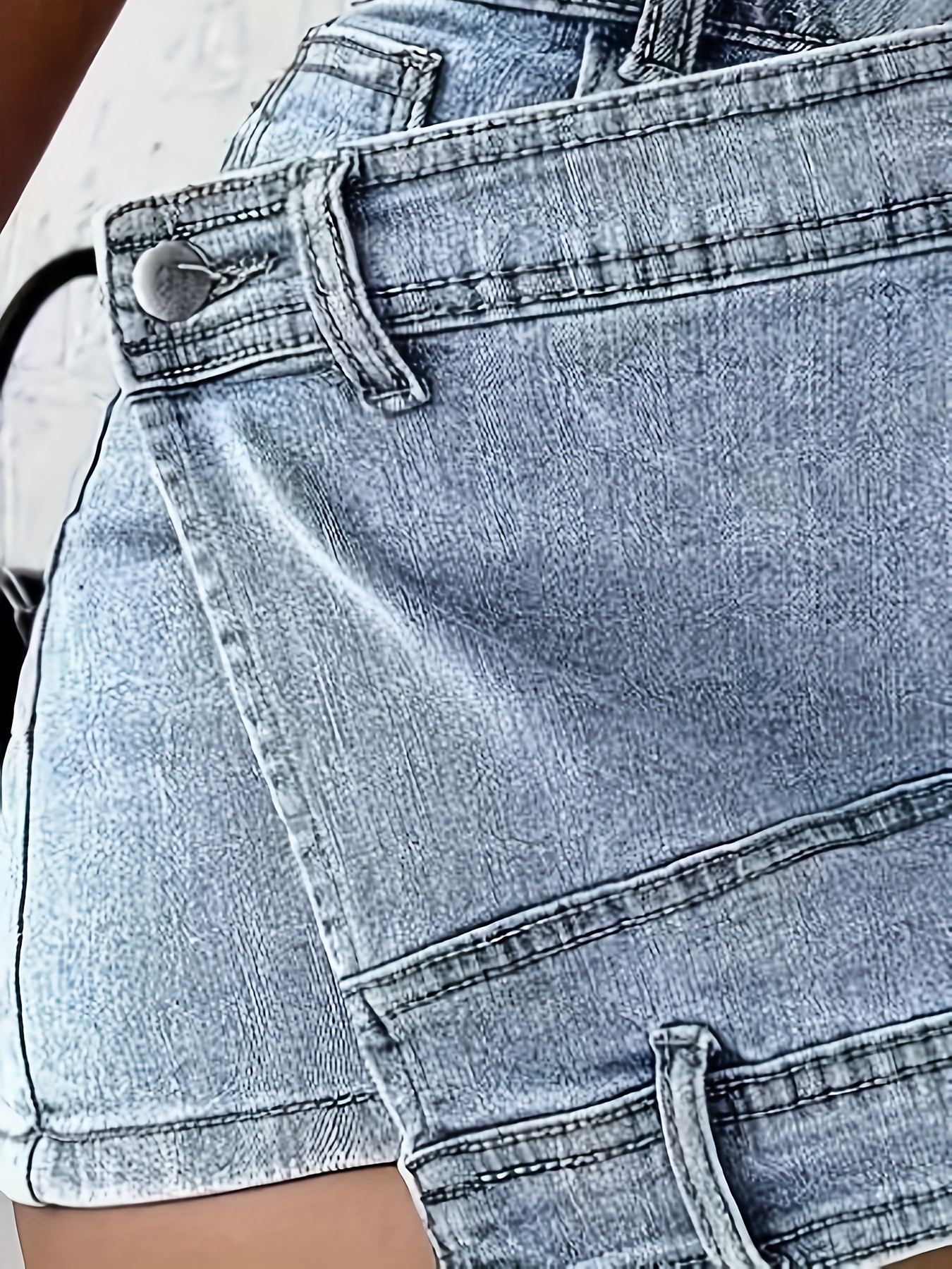 Women's Stretch Denim Skorts Shorts, Asymmetric Crossover High-Waisted Street Style, Casual Summer Jean Skirted Shorts With Pockets, Light Wash