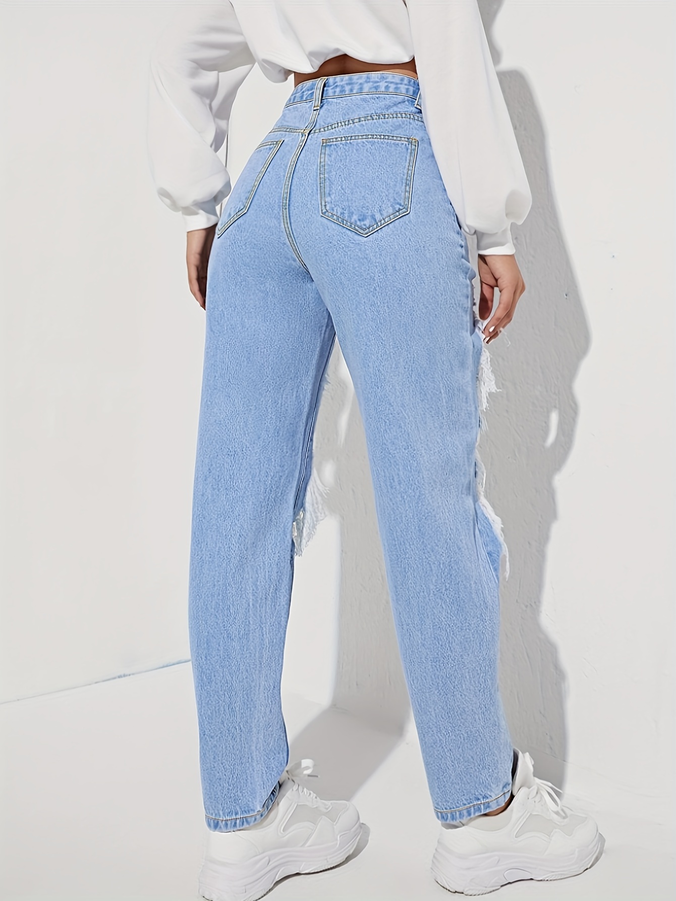 Long Length High-Waisted Wide Leg Distressed Jeans - Fashionable Ripped Denim Pants with Frayed Detail, Relaxed Fit, Button Fly Closure, and Machine Washable - Perfect for Weekend Casual Streetwear