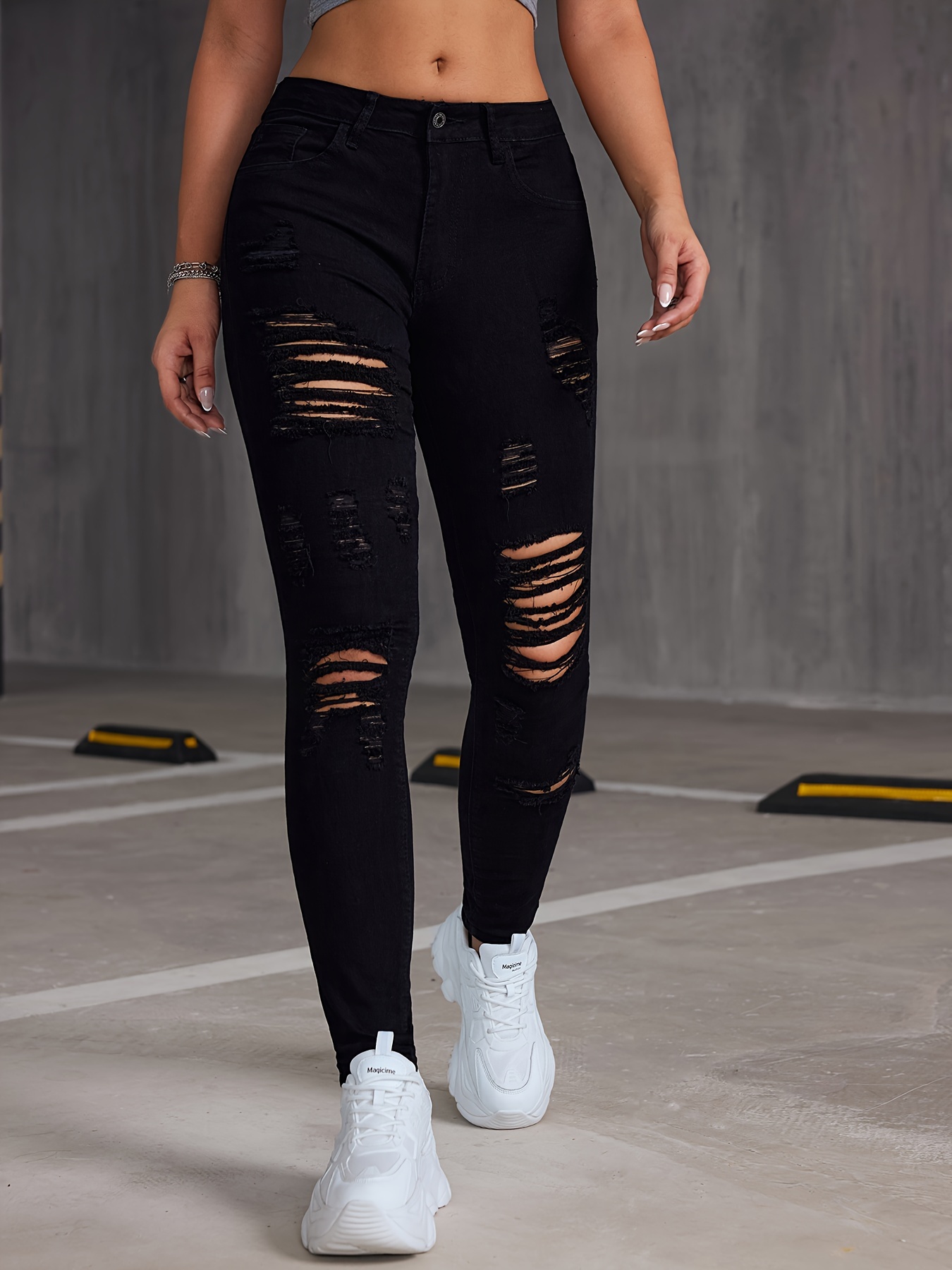 Stretchy High-Rise Skinny Jeans - Distressed, Ripped, High Waist, Comfortable, Black Denim Pants for Women - Fashionable Denim Clothing with High Elasticity and Soft Fabric