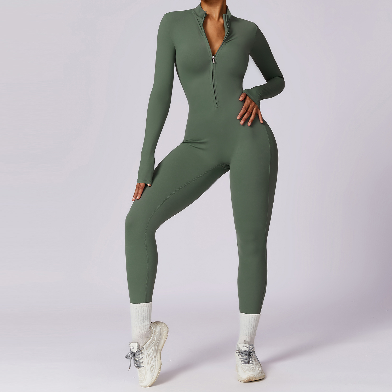 Women Yoga Jumpsuits Workout Long Sleeve Zip Front Sport bodysuits